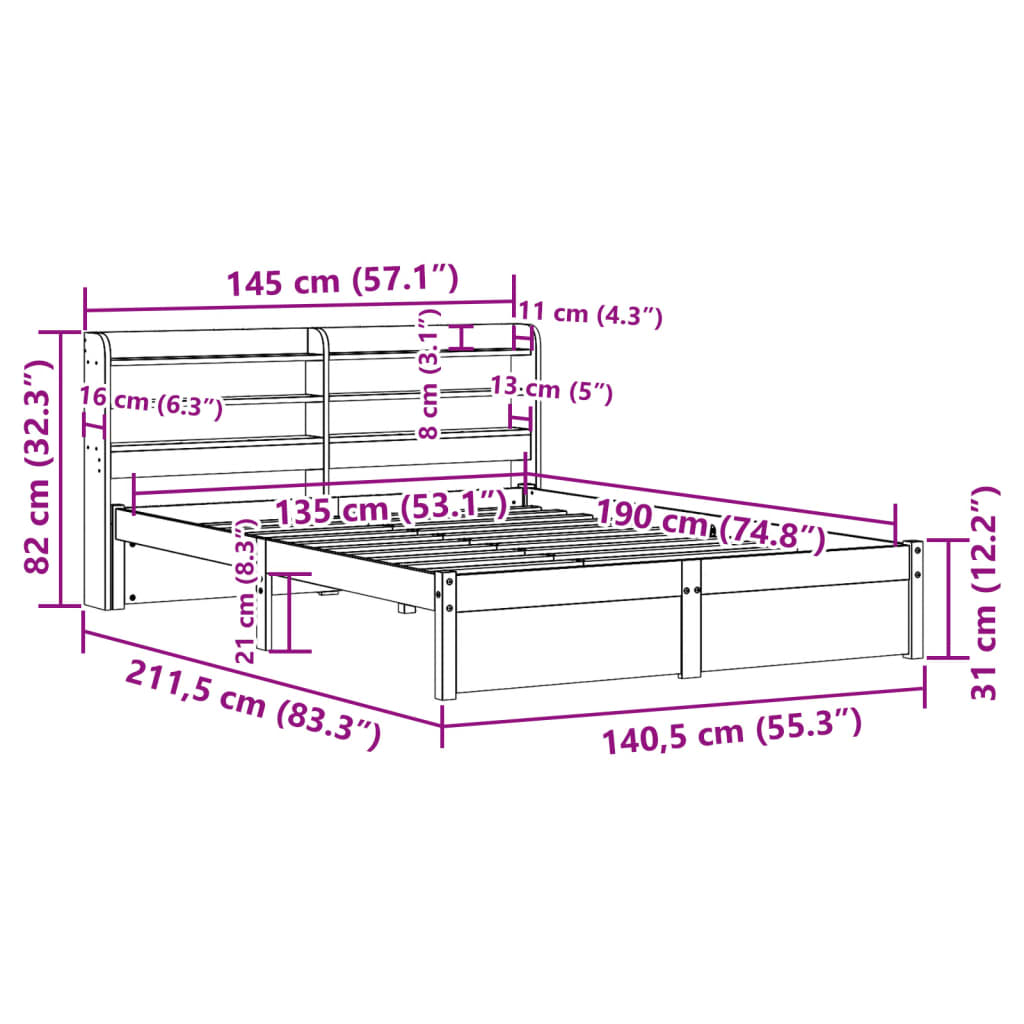 Bedframe Met Hoofdbord Massief Grenenhout 135 x 190 cm