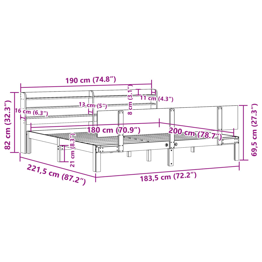 Bedframe met hoofdbord massief grenenhout 180x200 cm