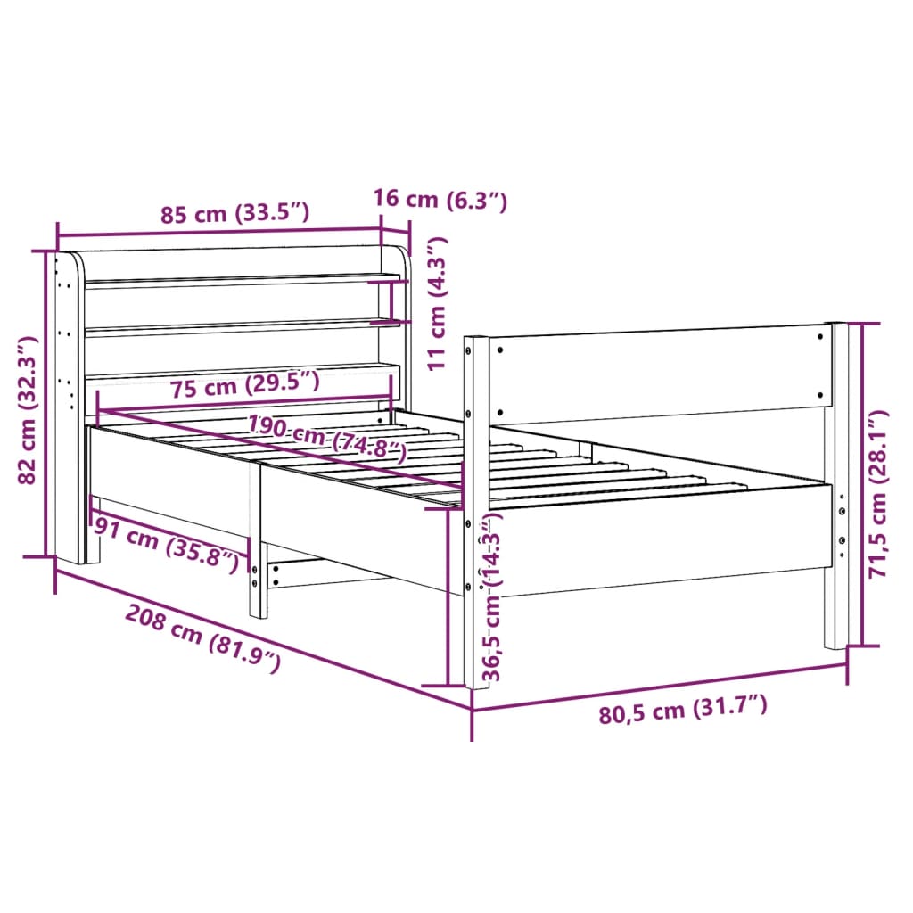 Bedframe zonder matras massief grenenhout 75x190 cm