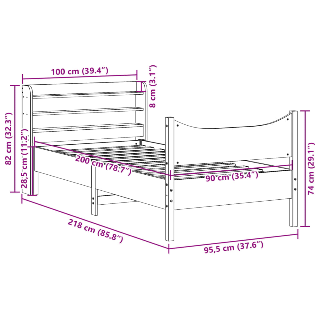 Bedframe met hoofdbord massief grenenhout 90x200 cm