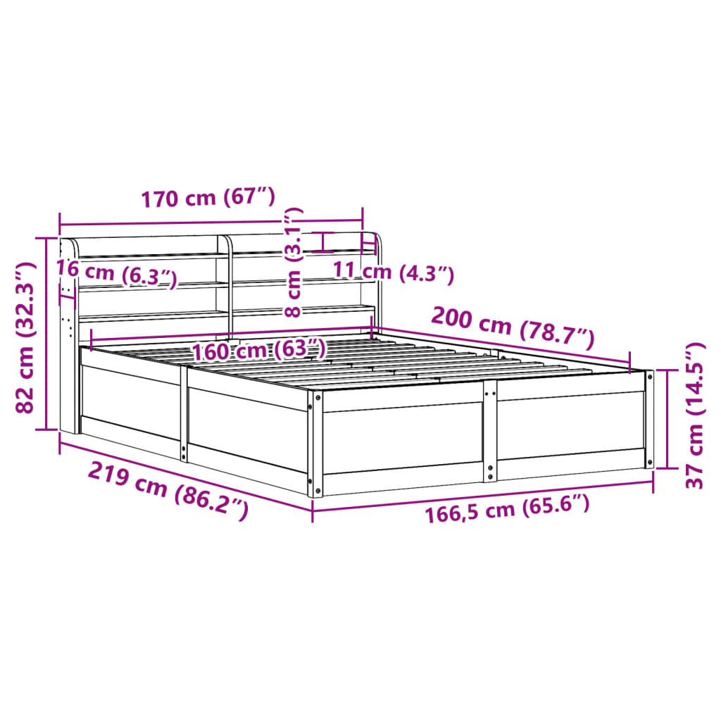 Bedframe met hoofdbord massief grenenhout wasbruin 160x200 cm