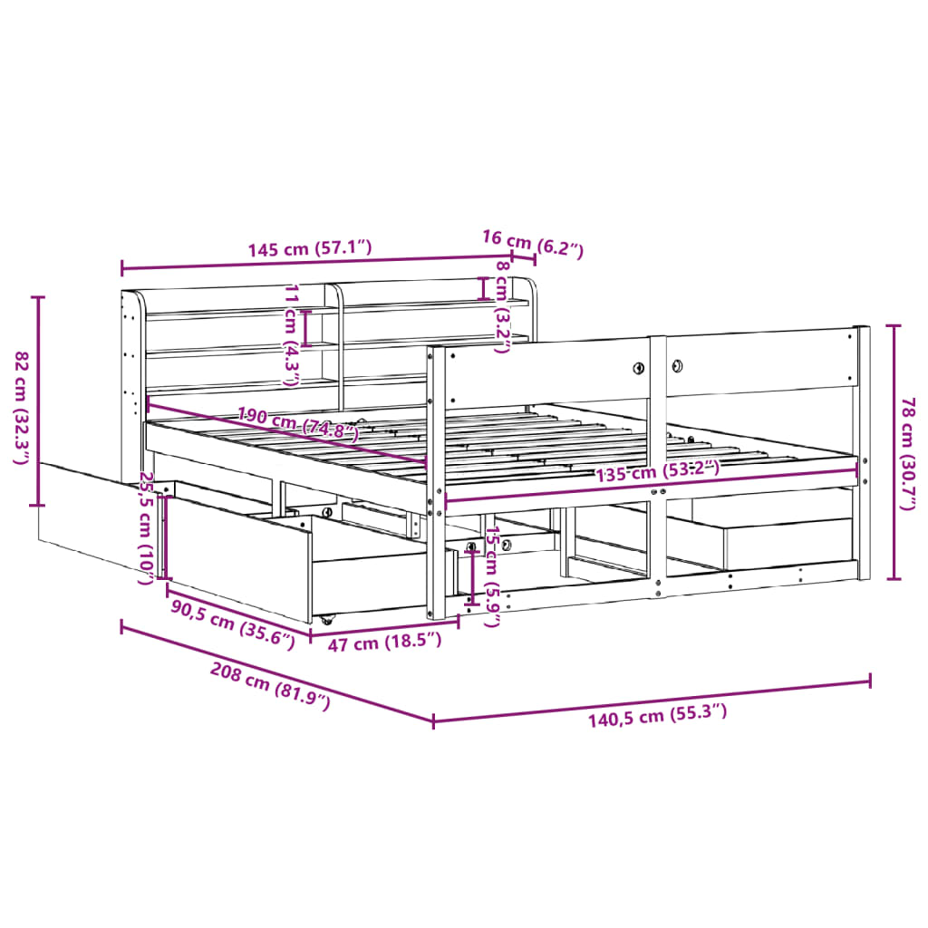 Bedframe zonder matras massief grenenhout 135x190 cm