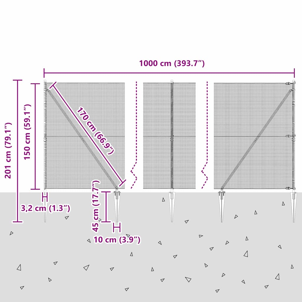 Hecke Met Palen 1.5 X 10 M Staal Grijs 10 x 1.5 m (12 x 12 mm gaas)