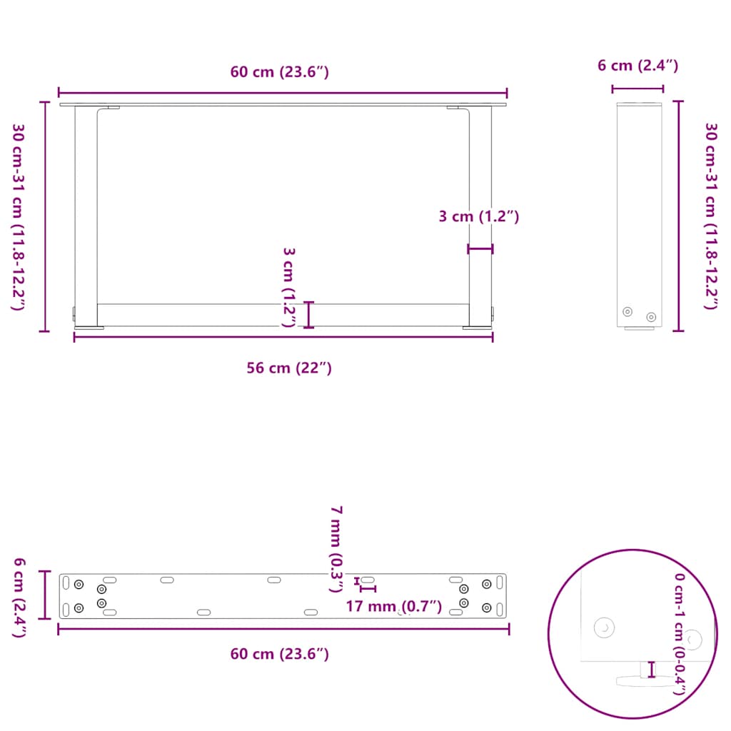 Salontafelpoten U-Vormig Staal Wit 2 60 x (30-31) cm