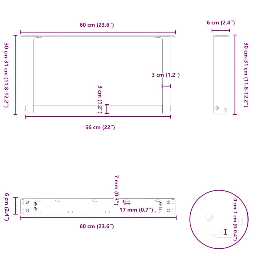 Salontafelpoten U-Vormig Staal Naturel 2 60 x (30-31) cm