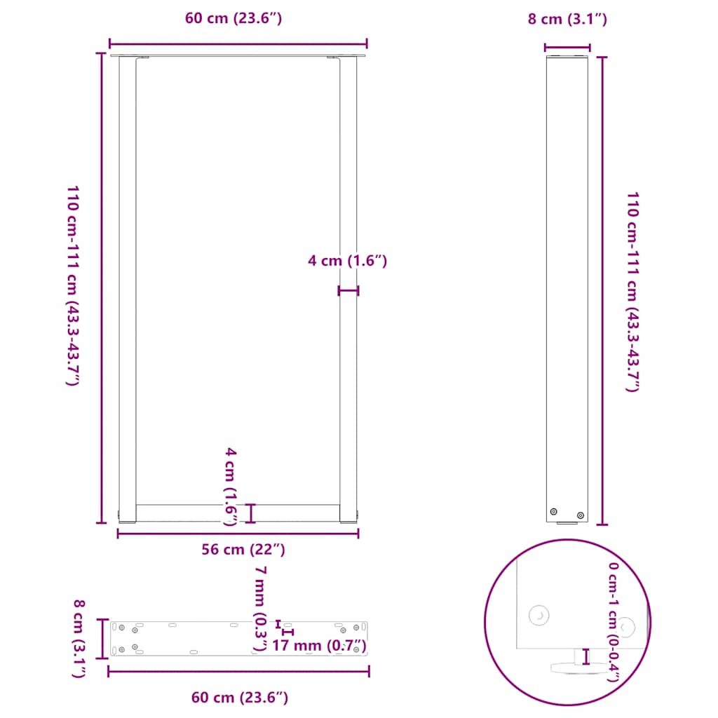 Salontafelpoten U-Vormig Staal Naturel 2 60 x (110-111) cm