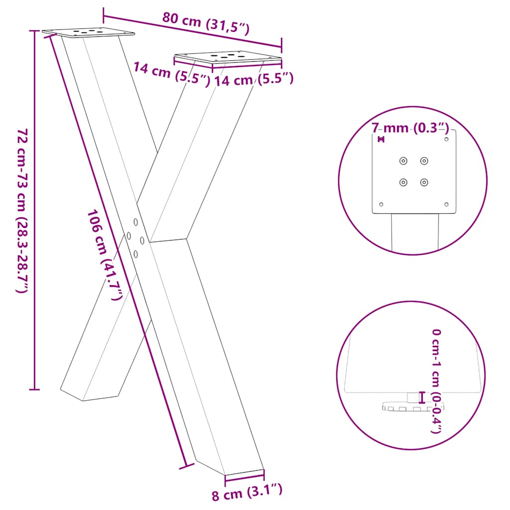 Eettafelpoten X-Vormig 80X(72-73) Cm Staal Naturel 80 x (72-73) cm (80 mm)