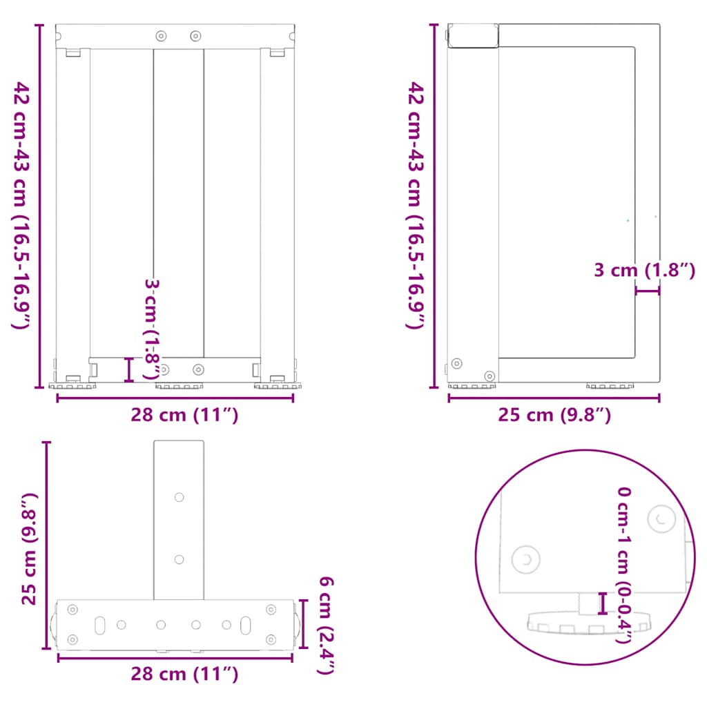 Salontafelpoten 2 St T-Vormig Staal Naturel 28 x 25 x (42-43) cm