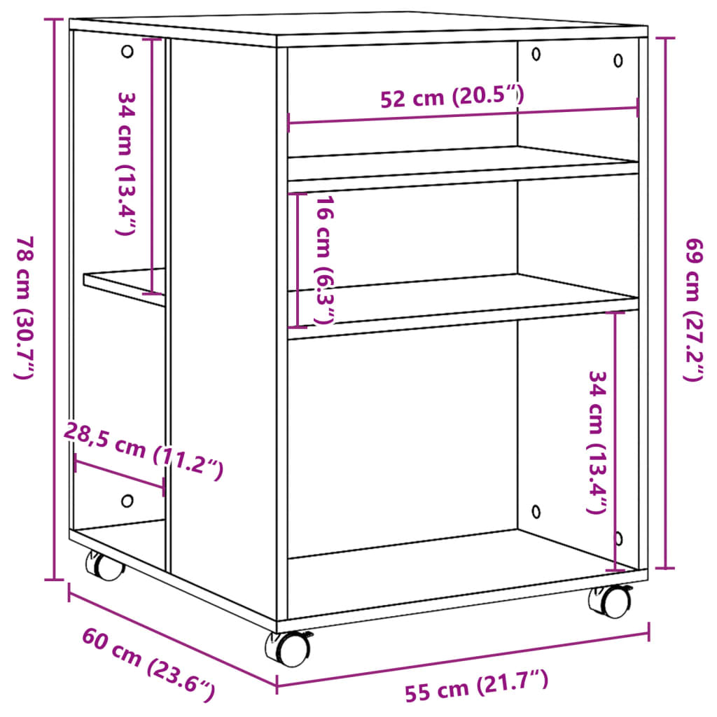 Bijzettafel met wieltjes 55x60x78 cm bewerkt hout betongrijs