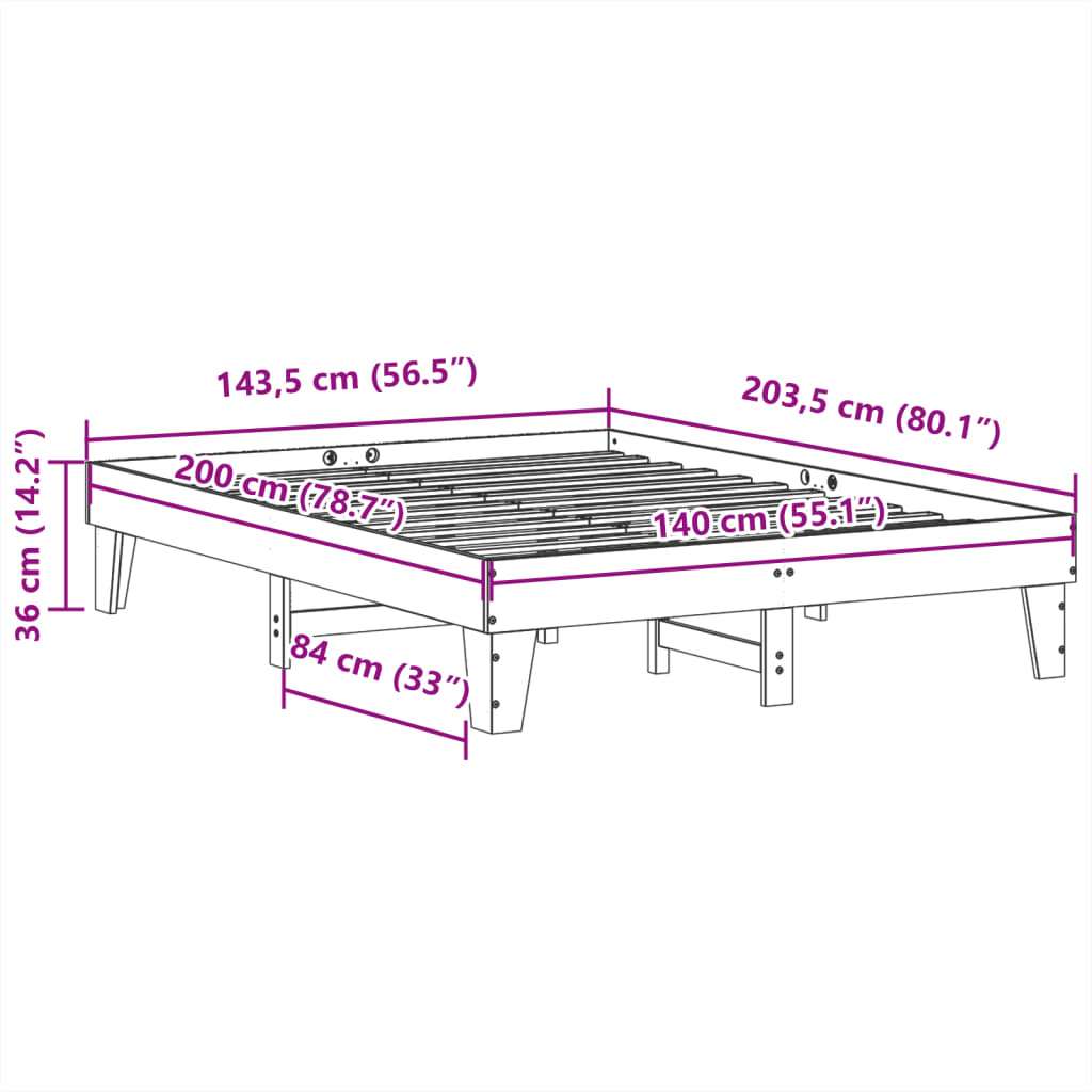 Bedframe zonder matras massief grenenhout wit 140x200 cm