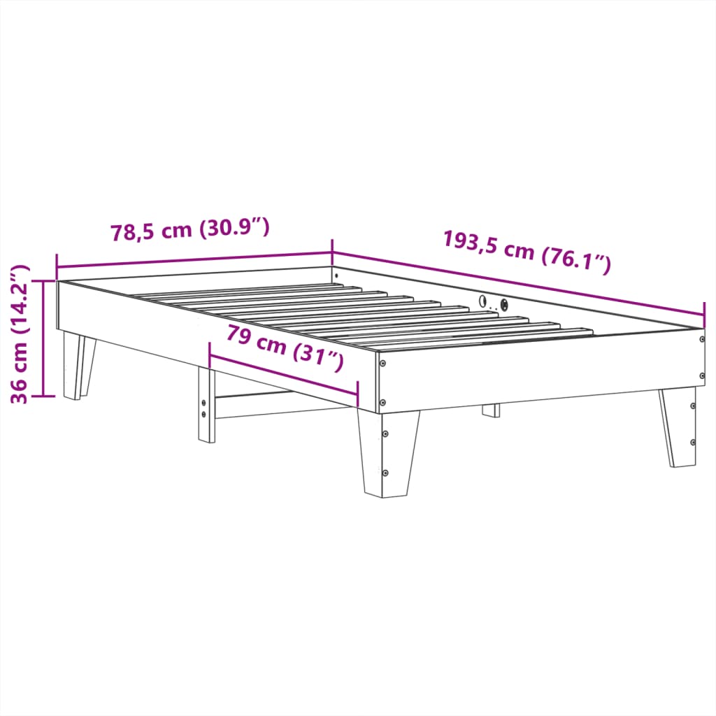 Bedframe zonder matras massief grenenhout wit 75x190 cm