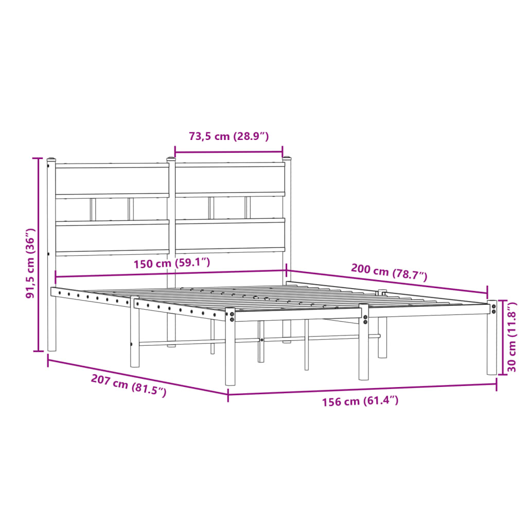 Bedframe zonder matras metaal gerookt eikenkleurig 150x200 cm