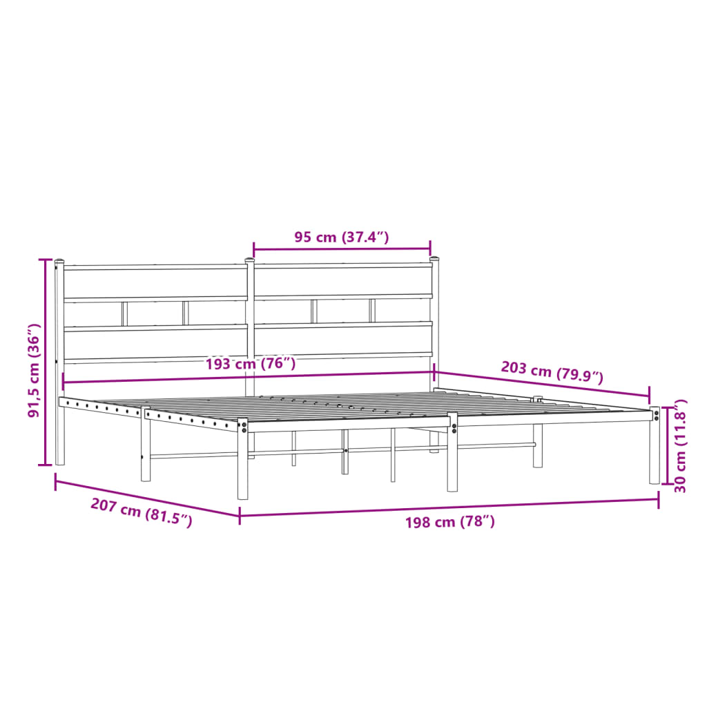 Bedframe zonder matras metaal gerookt eikenkleurig 193x203 cm