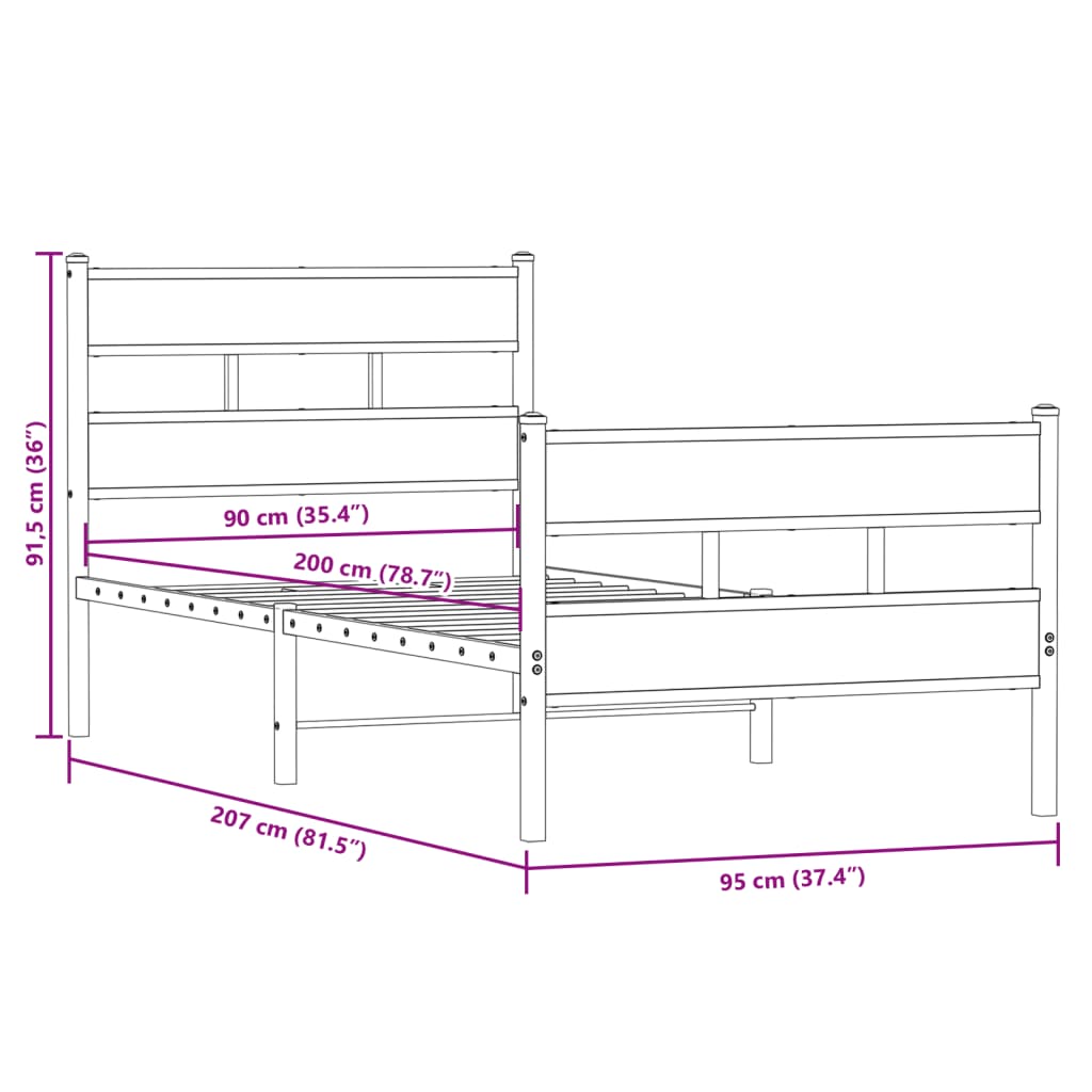 Bedframe zonder matras metaal gerookt eikenkleurig 90x200 cm