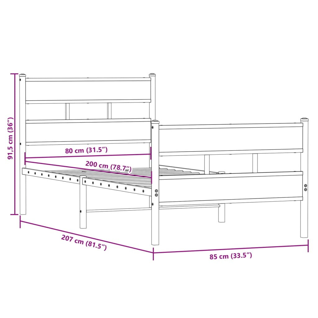 Bedframe zonder matras metaal sonoma eikenkleurig 80x200 cm
