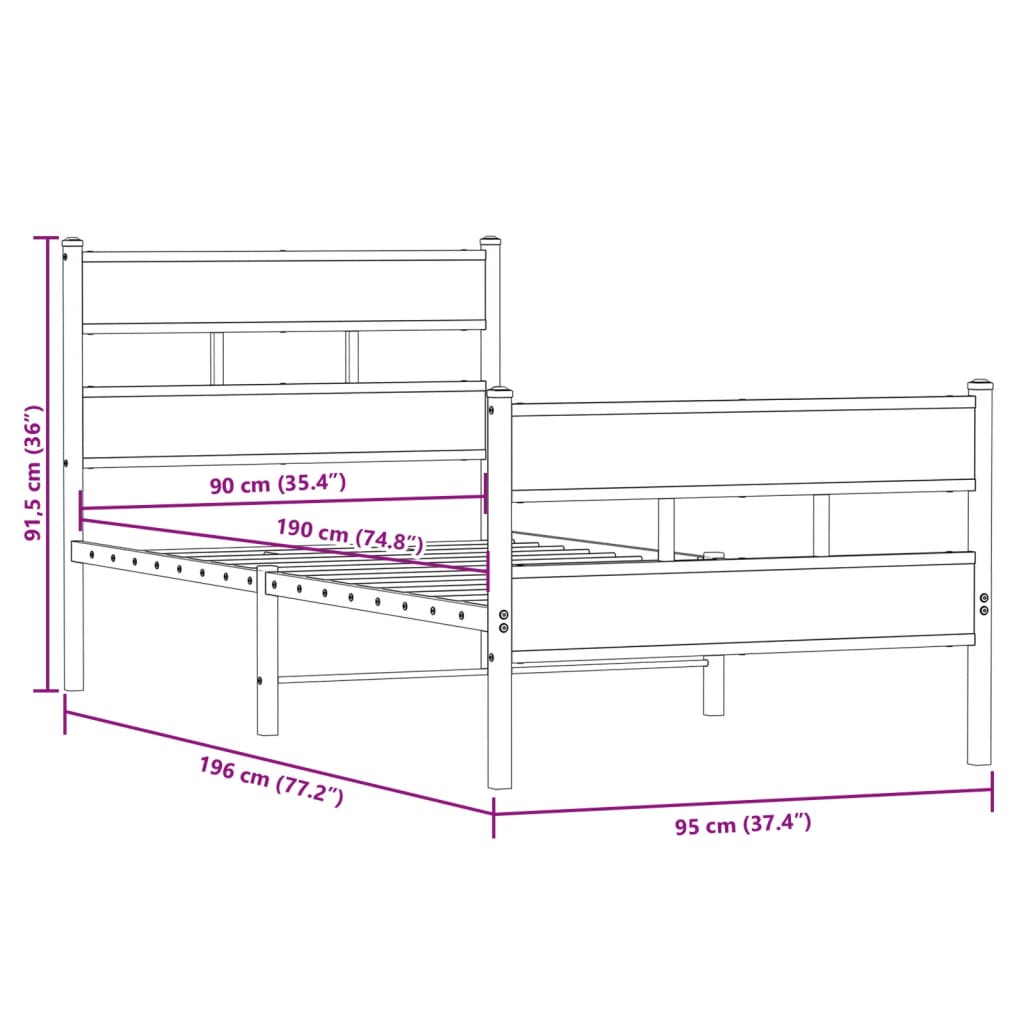 Bedframe Zonder Matras Metaal Kleurig 90 x 190 cm Sonoma eiken