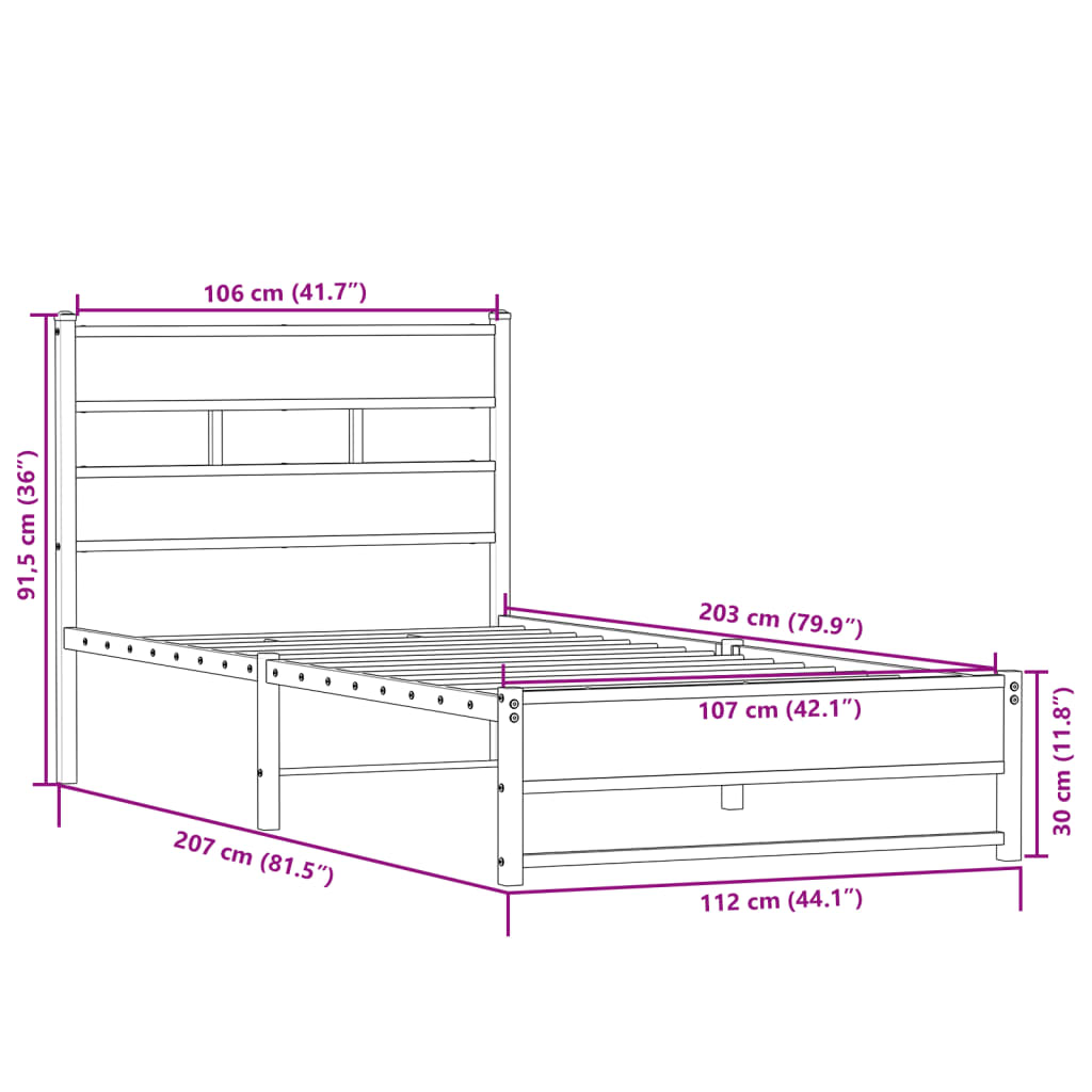 Bedframe zonder matras metaal sonoma eikenkleurig 107x203 cm