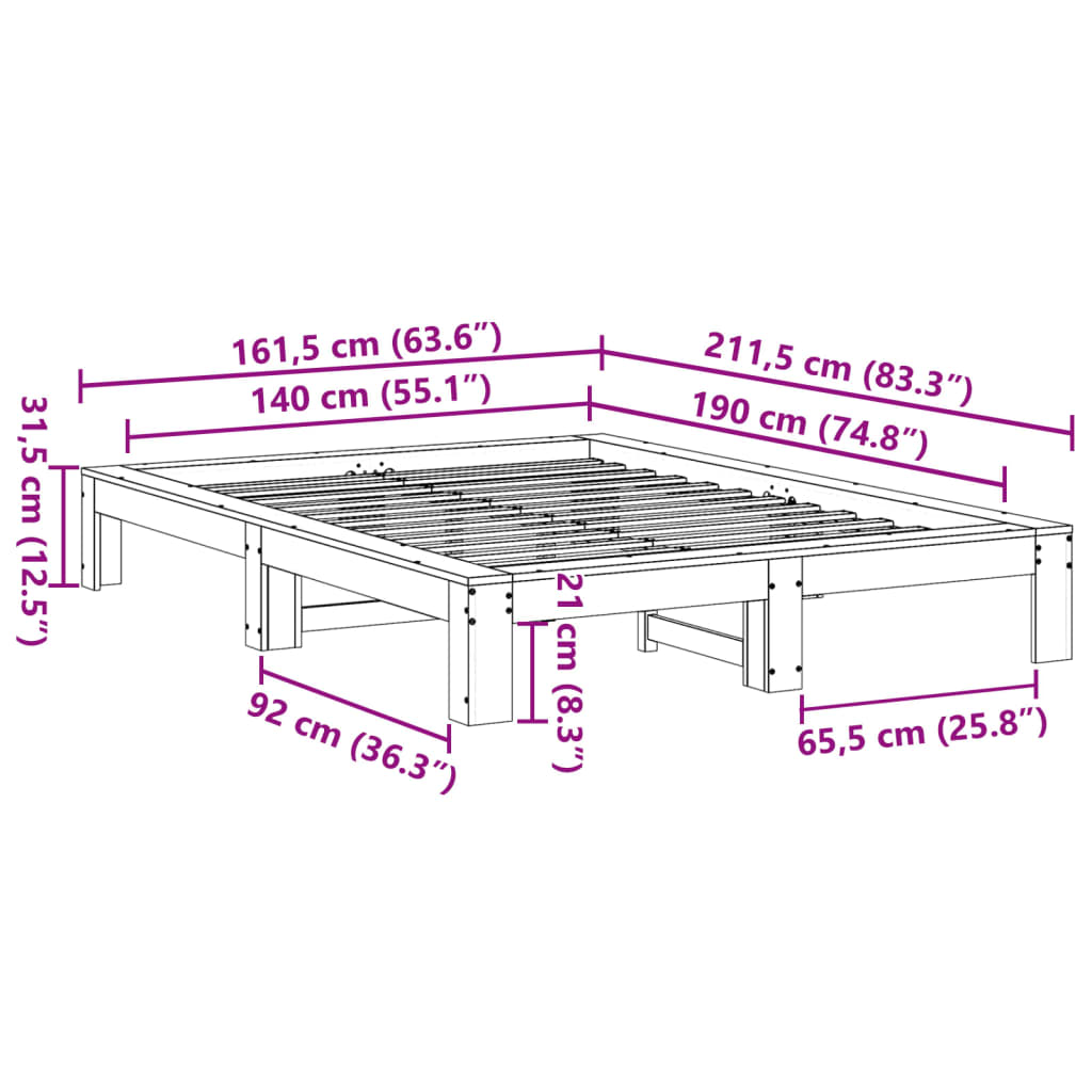 Bedframe zonder matras massief grenenhout wit 140x190 cm