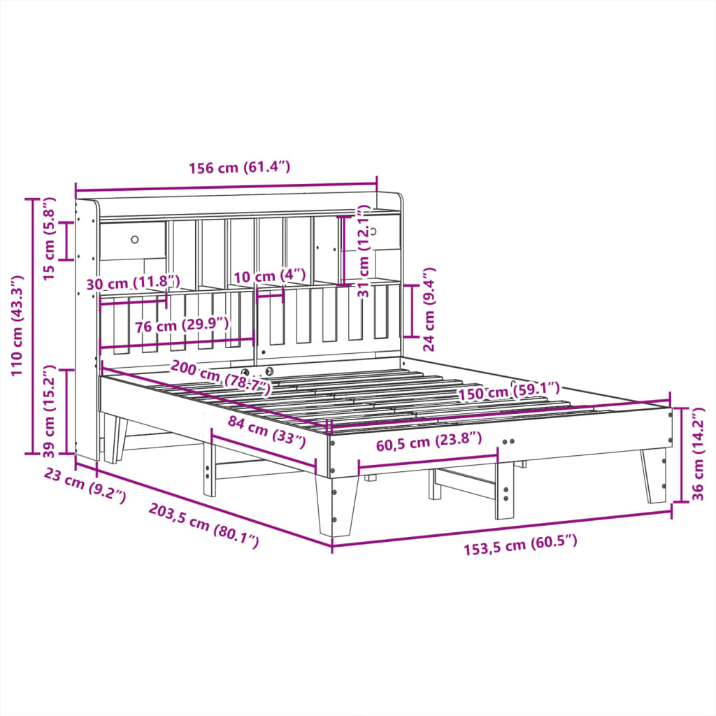 Bedframe zonder matras massief grenenhout wit 150x200 cm
