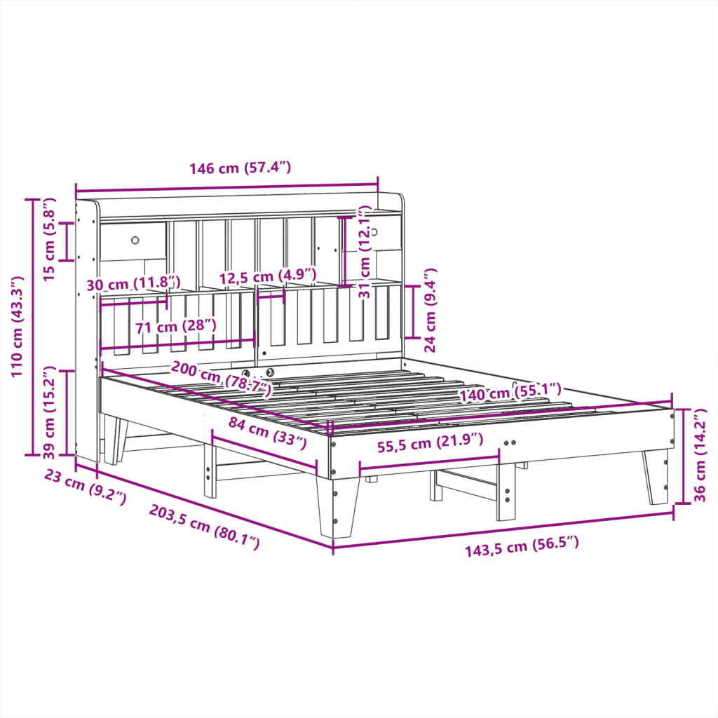 Bedframe zonder matras massief grenenhout wit 140x200 cm