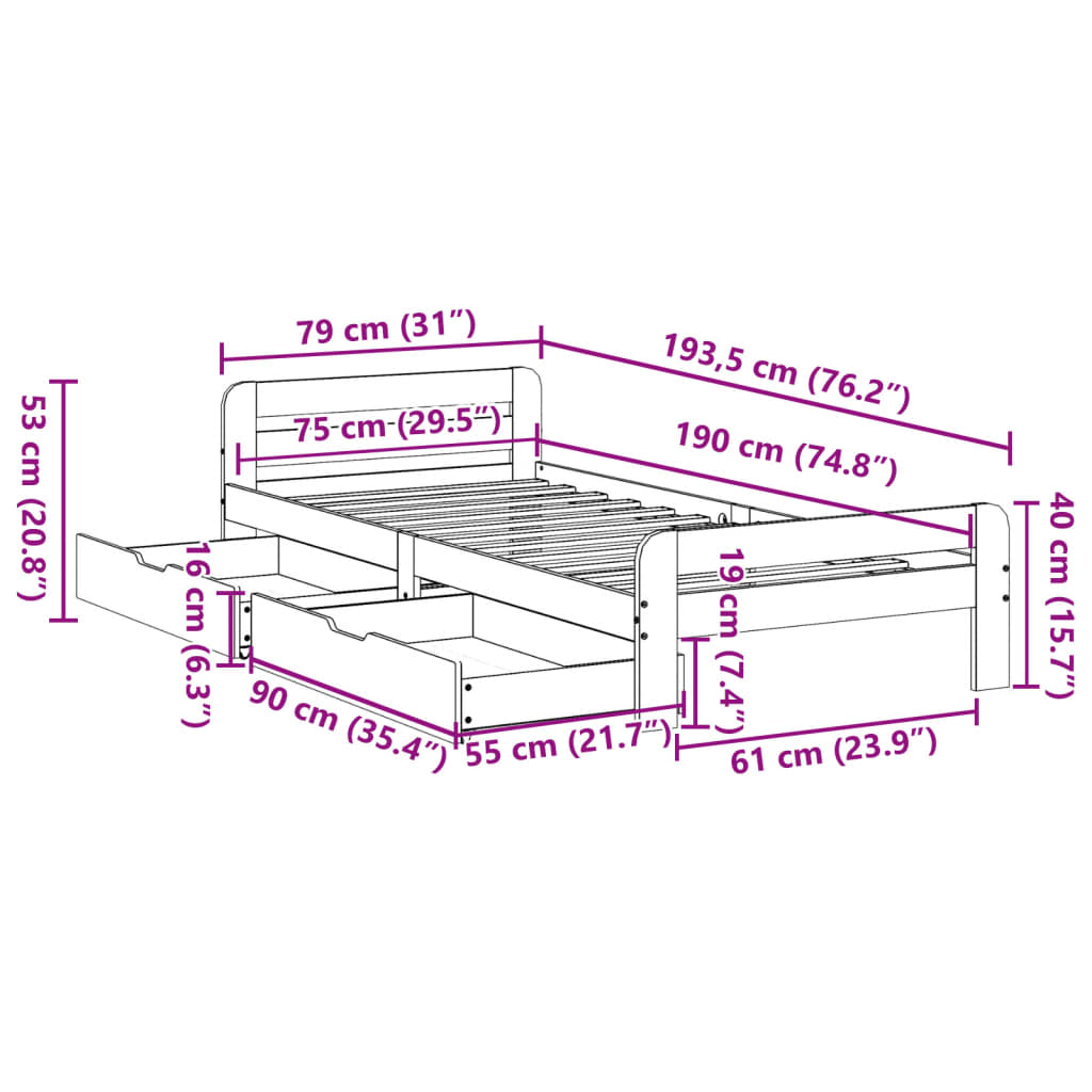 Bedframe zonder matras massief grenenhout wasbruin 75x190 cm