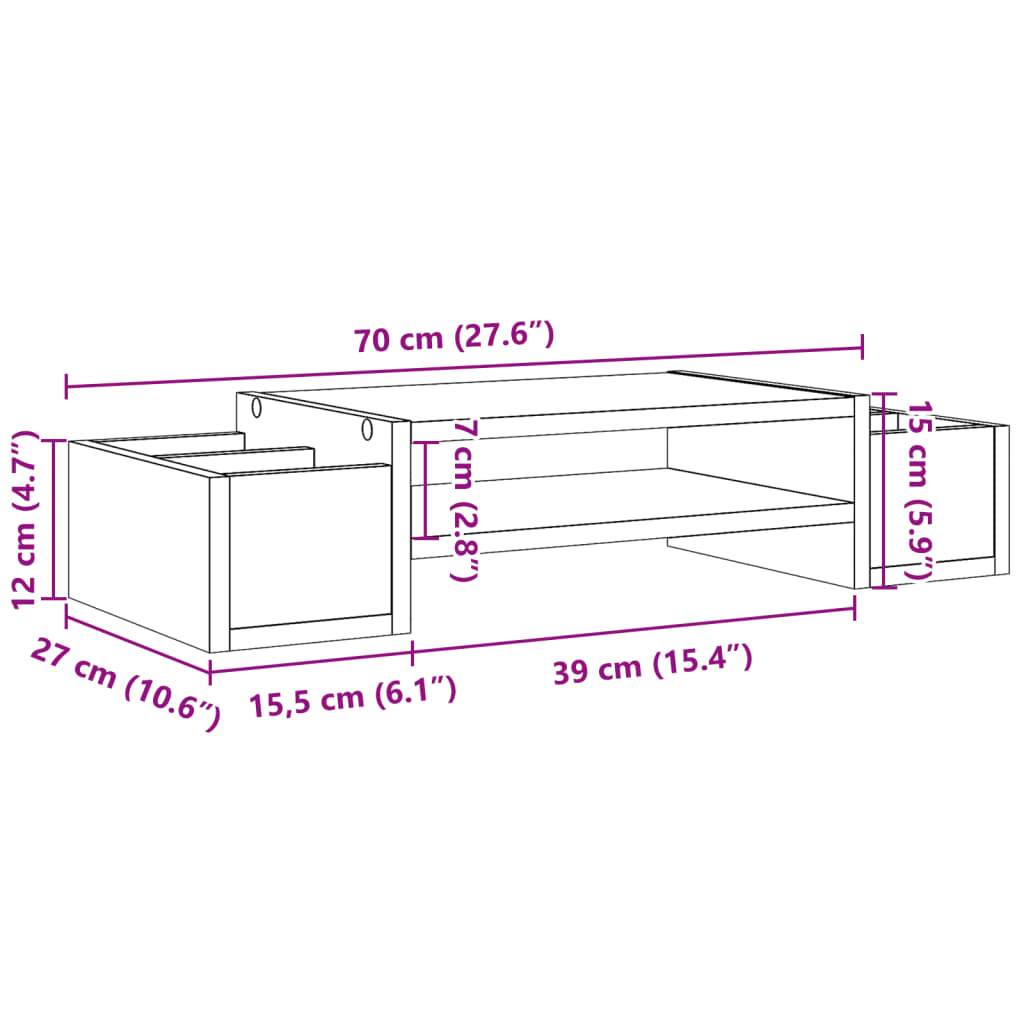 Monitorstandaard met opbergruimte 70x27x15 cm hout bruin eiken