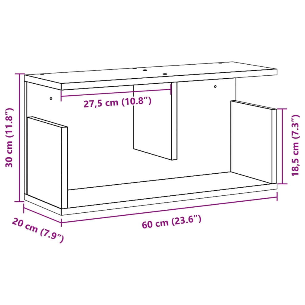 Wandkast 60x20x30 cm bewerkt hout zwart