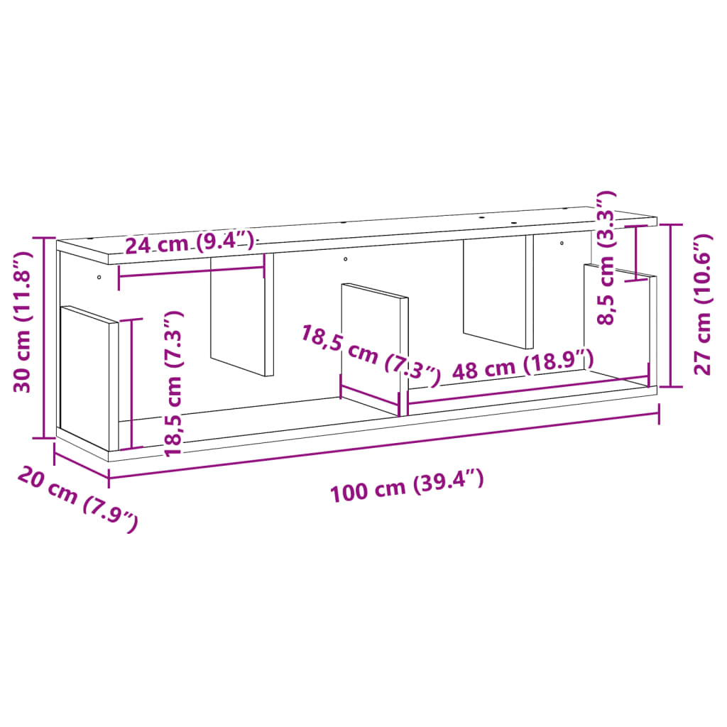 Wandkast 100x20x30 cm bewerkt hout betongrijs