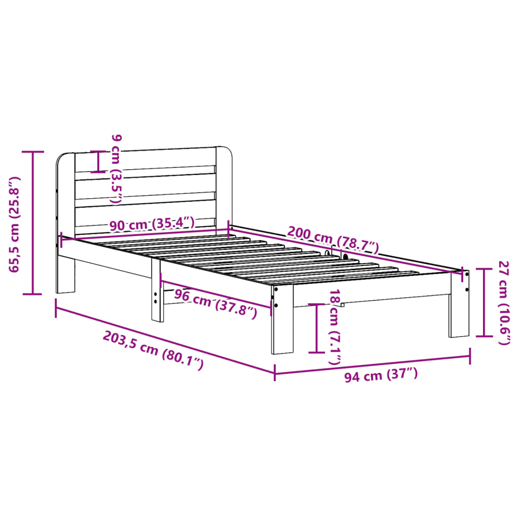 Bedframe zonder matras massief grenenhout 90x200 cm