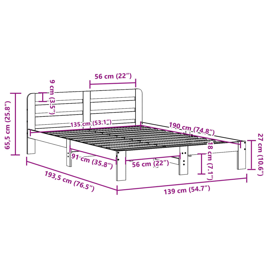 Bedframe zonder matras massief grenenhout wit 135x190 cm