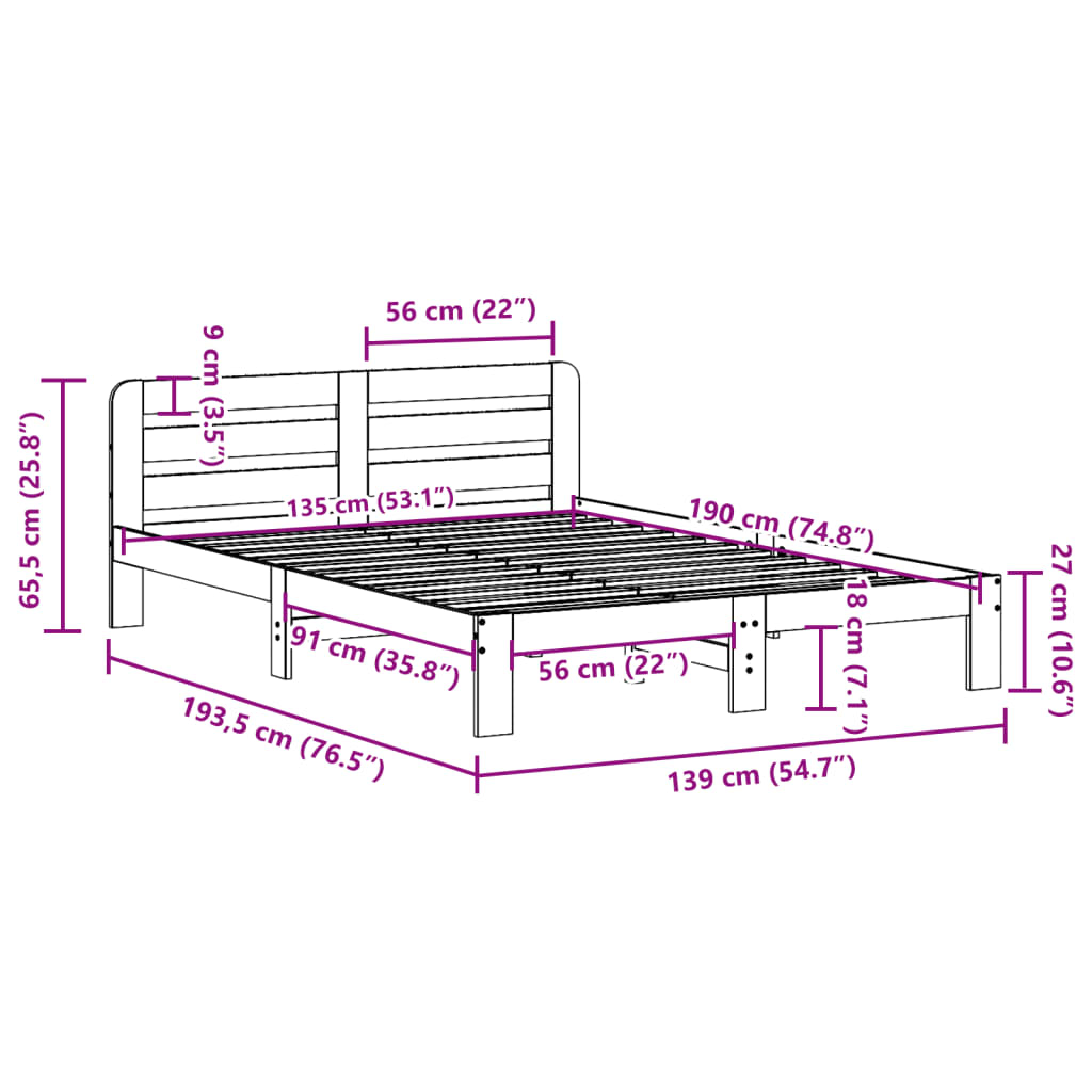 Bedframe zonder matras massief grenenhout wasbruin 135x190 cm