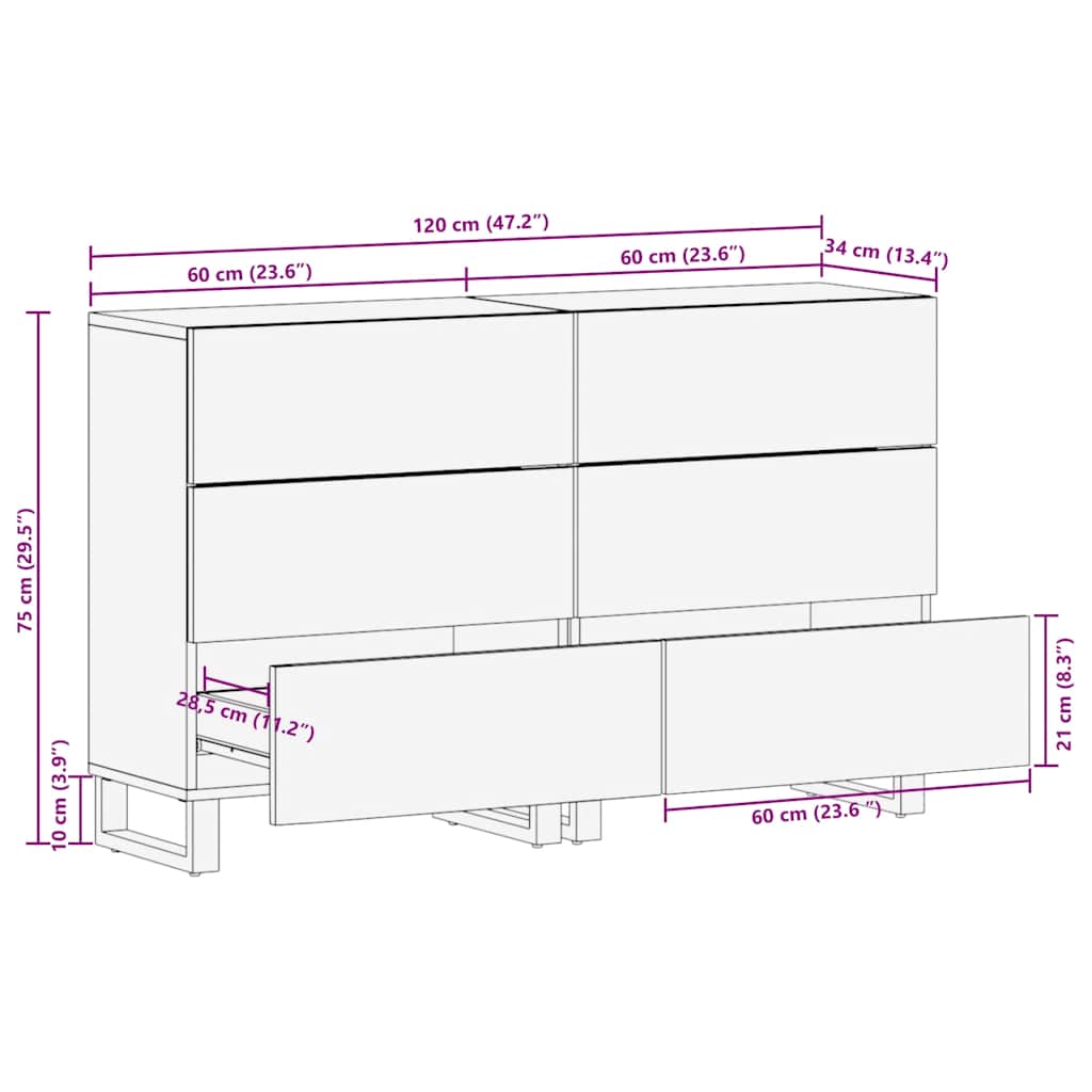 Dressoirs 2 st 60x33x75 cm massief mangohout zwart