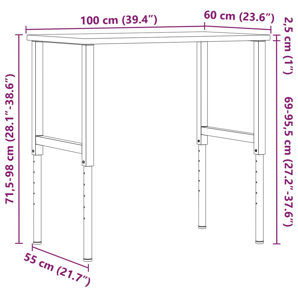 Werkbank rechthoekig 100x60x(71,5-98) cm massief eikenhout