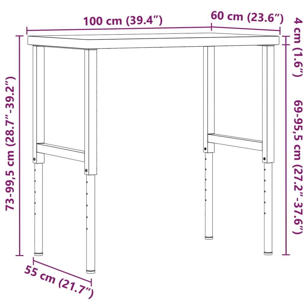 Werkbank rechthoekig 100x60x(73-99,5) cm massief eikenhout