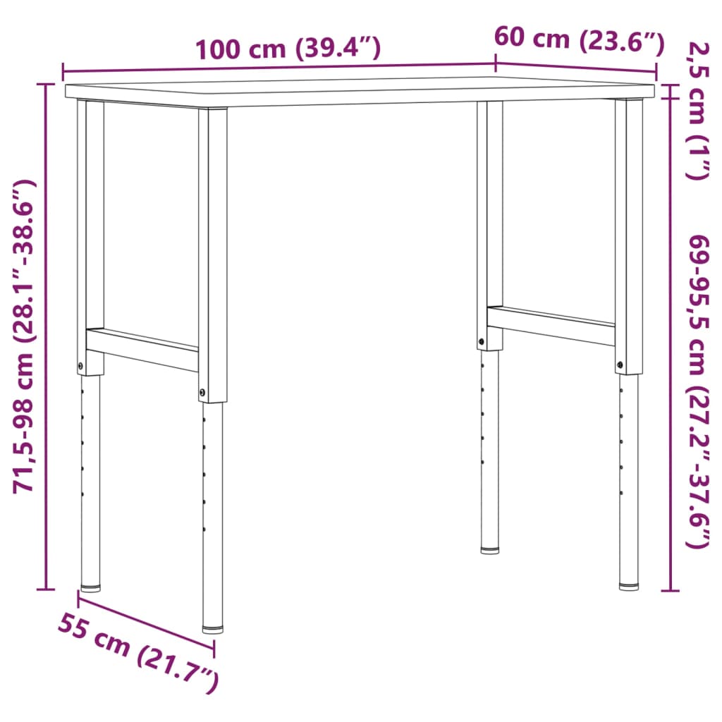 Werkbank rechthoek 100x60x(71,5-98) cm eikenhout donkerbruin