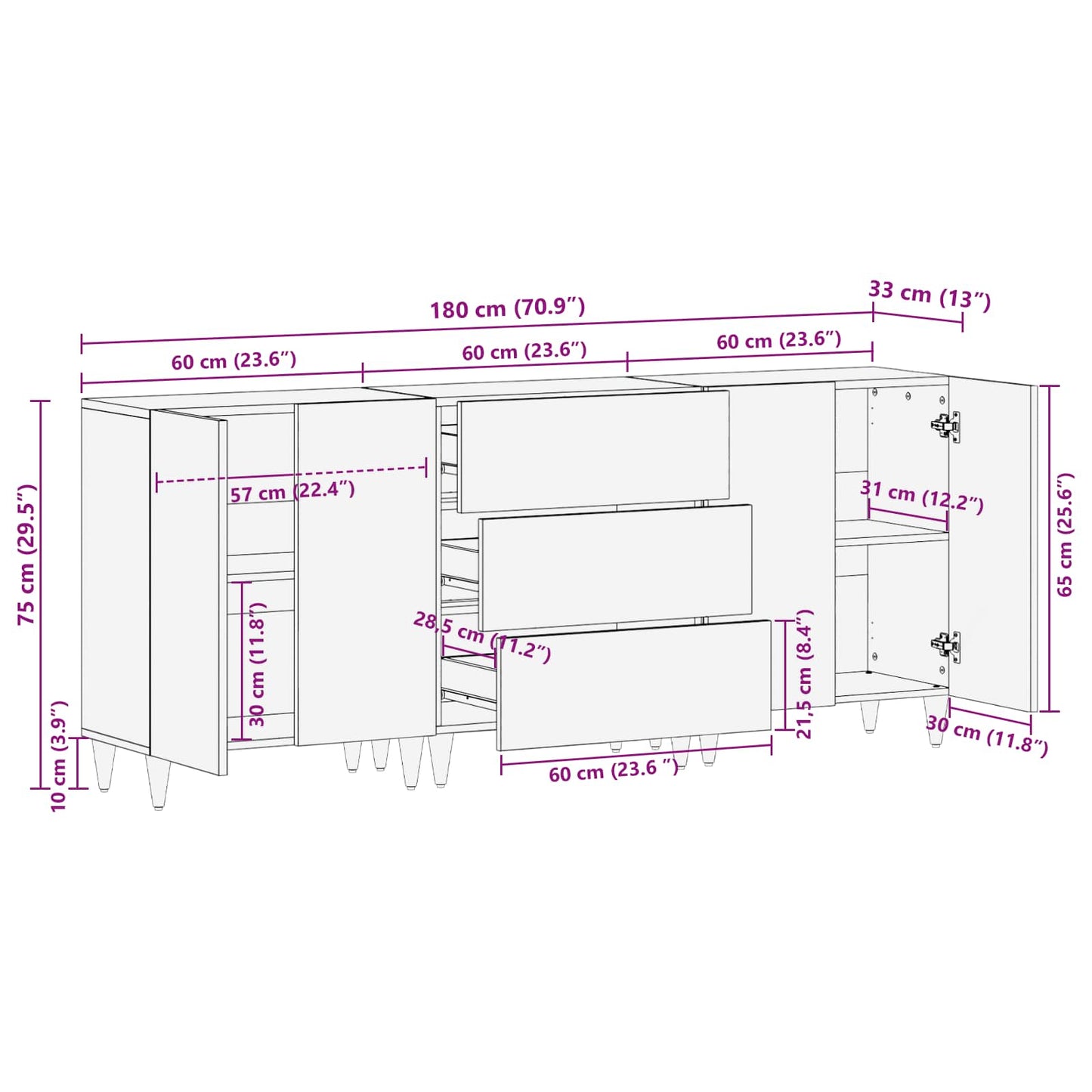 Badkamerkastenset 3 pcs Honingbruin en goud 180 x 33 x 75 cm