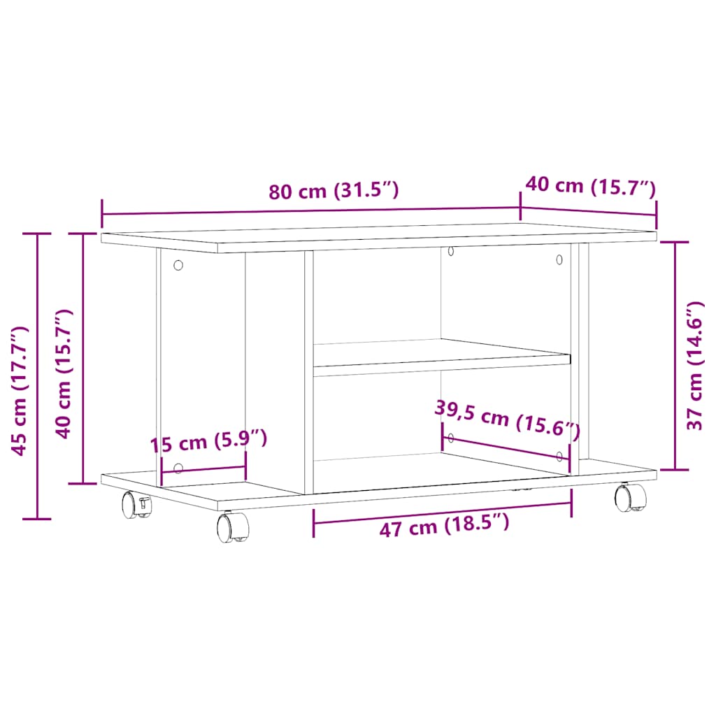 Tv-meubel met wieltjes 80x40x45cm bewerkt hout artisanaal eiken