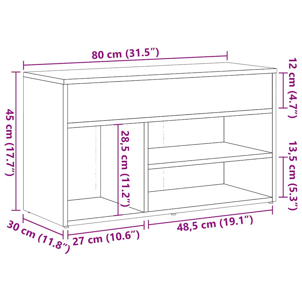 Schoenenbank 80x30x45 cm bewerkt hout oud houtkleurig