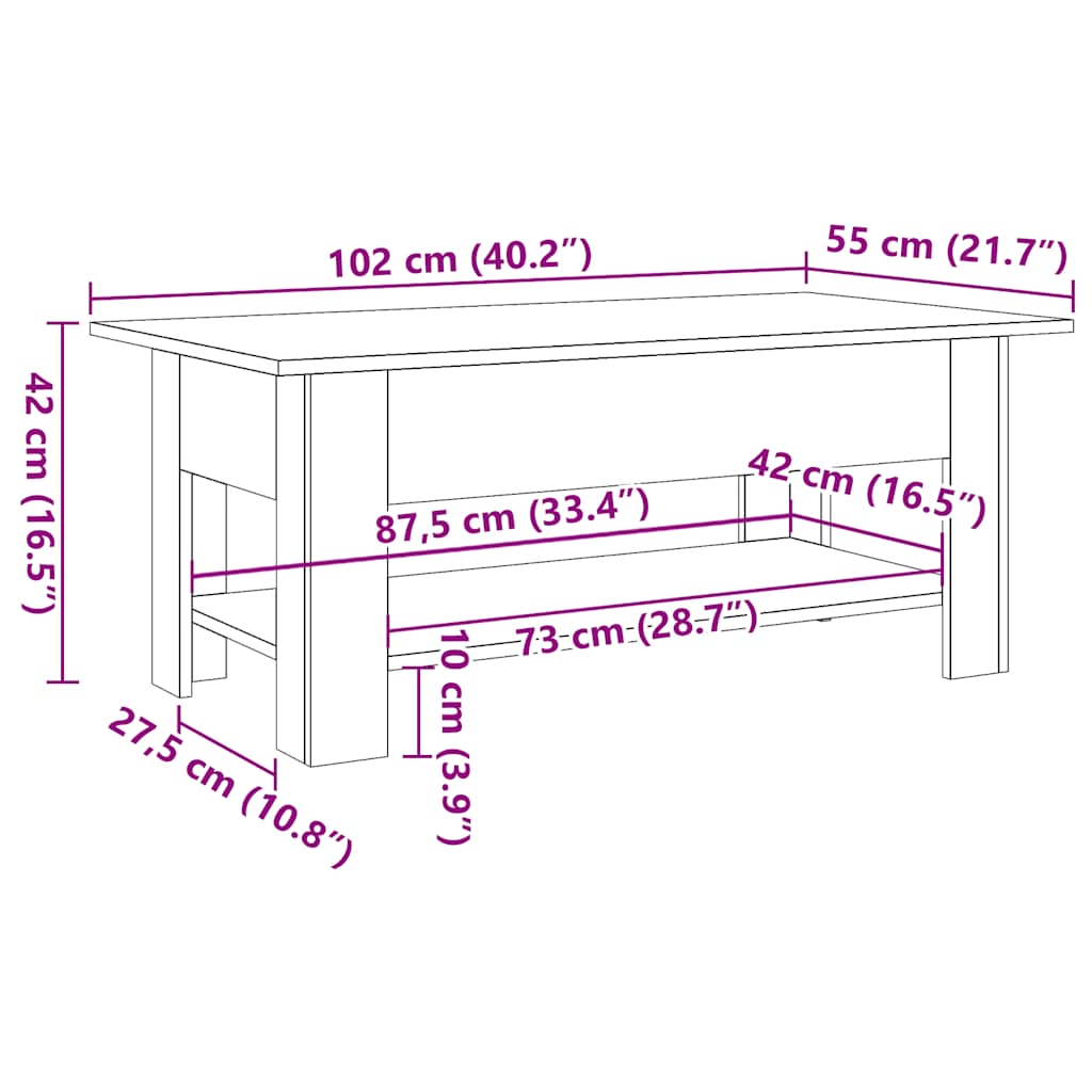 Salontafel 102x55x42 cm bewerkt hout oud houtkleurig