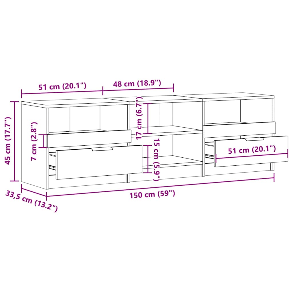Tv-meubel 150x33,5x45 cm bewerkt hout oud houtkleurig