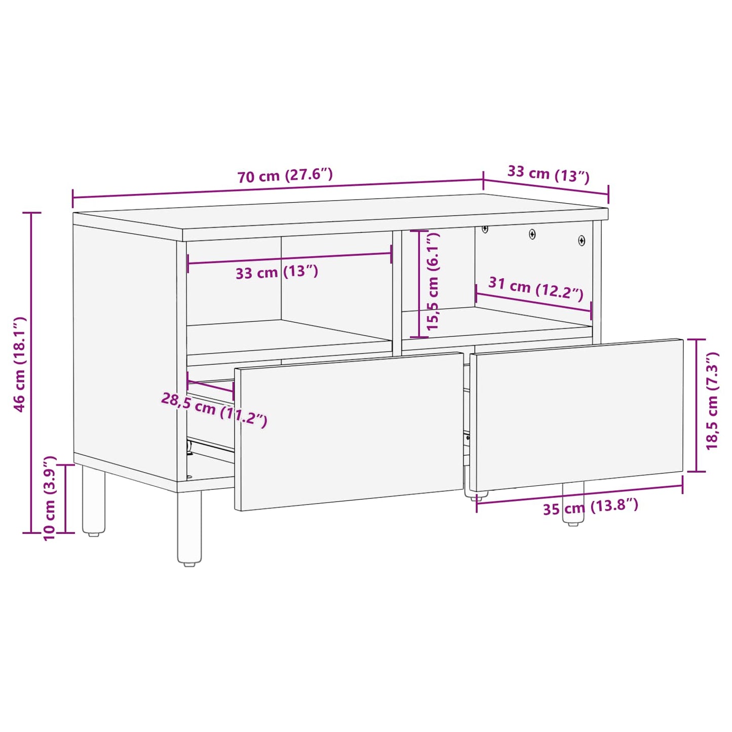 TV-kast met lade Witte Was Afwerking 70 x 33,5 x 46 cm