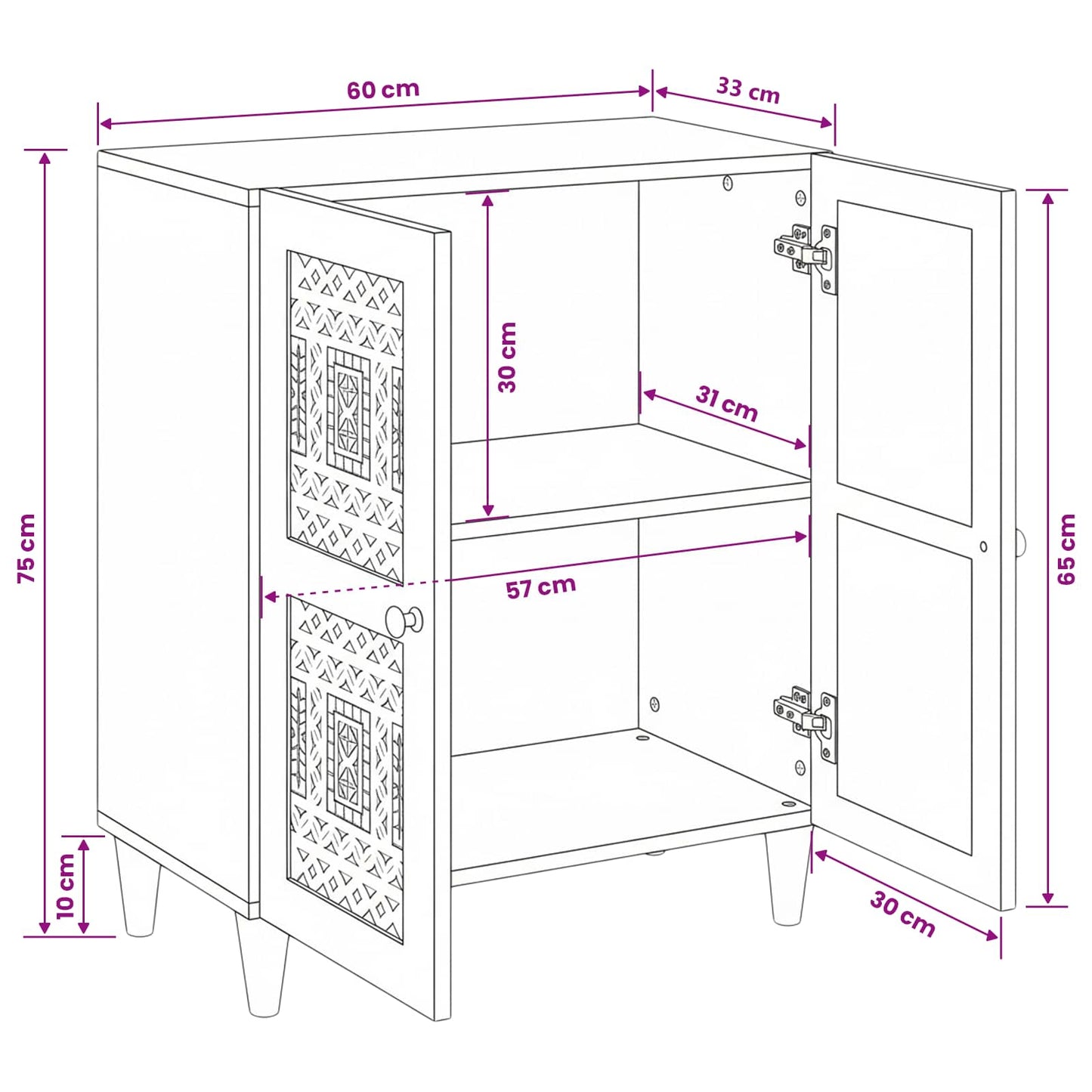 Dressoir Lichtbruin 60 x 33 x 75 cm massief mangohout