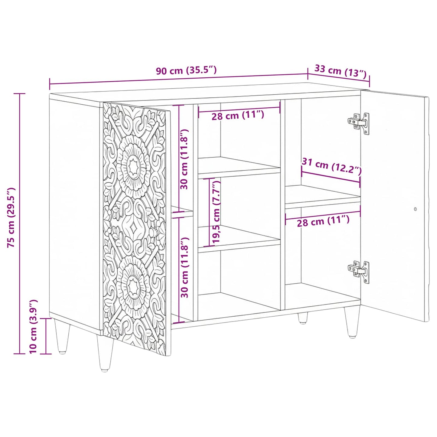Dressoir met plank Bruin 90 x 33,5 x 75 cm Massief Mango Hout