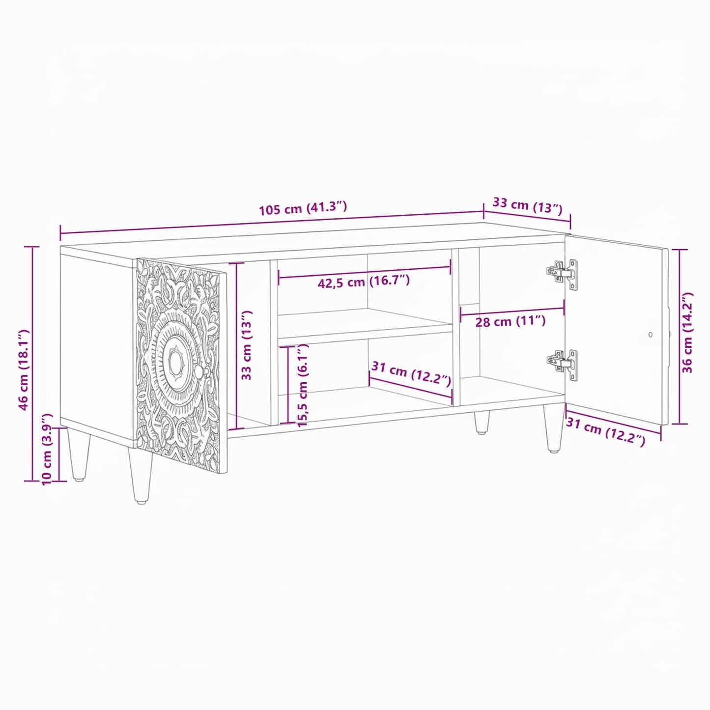 TV-kast met opslag Wit 105 x 33,5 x 46 cm Massief Mango Hout