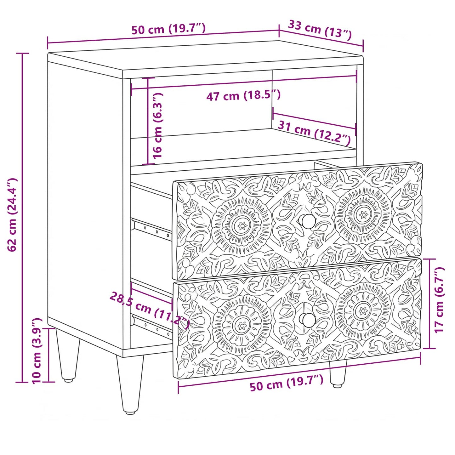 Bed kast met lade Wit 50 x 33 x 60 cm Massief Mango Hout