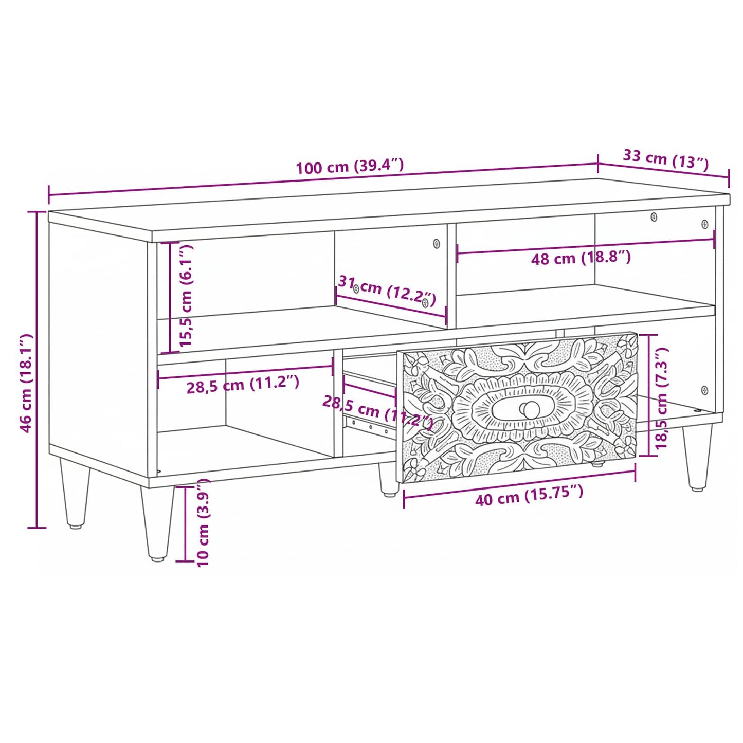 TV-kast met lade Wit 100 x 33,5 x 46 cm Massief Mango Hout