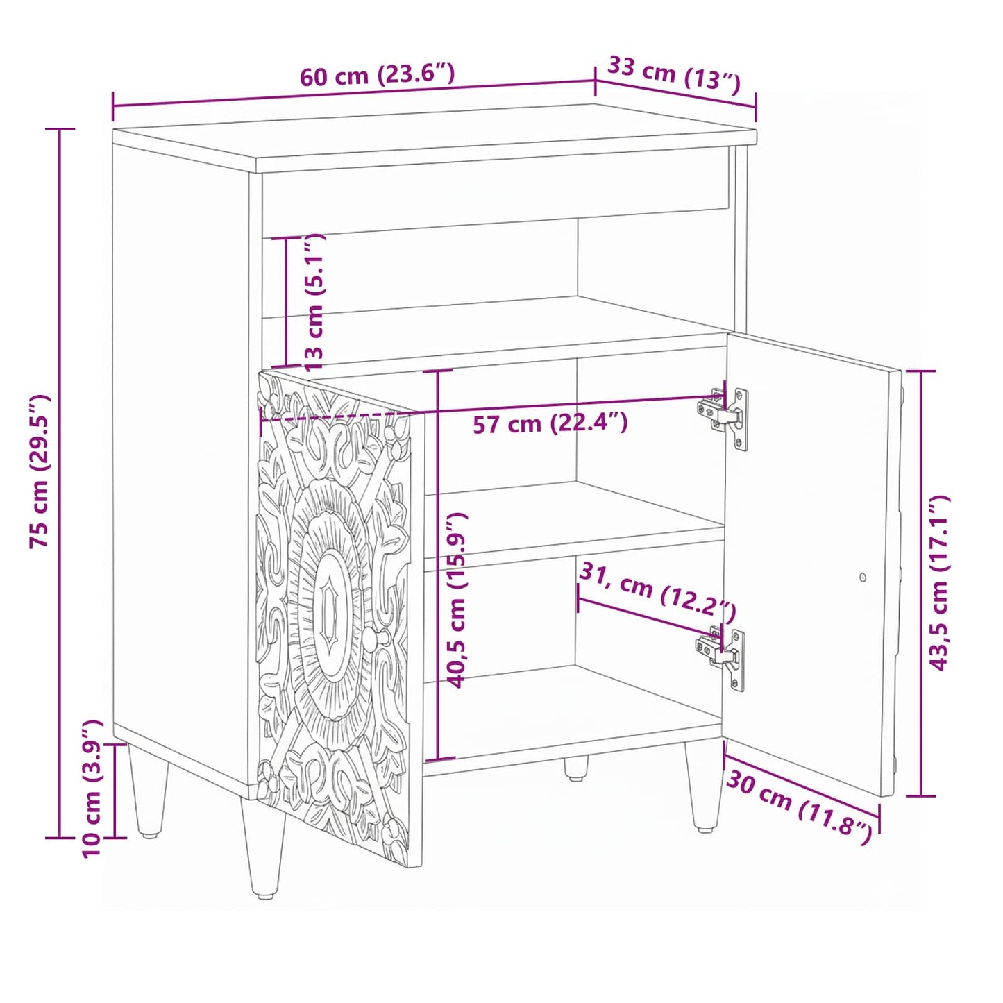 Dressoir met opslag Wit 60 x 33,5 x 75 cm Massief Mango Hout