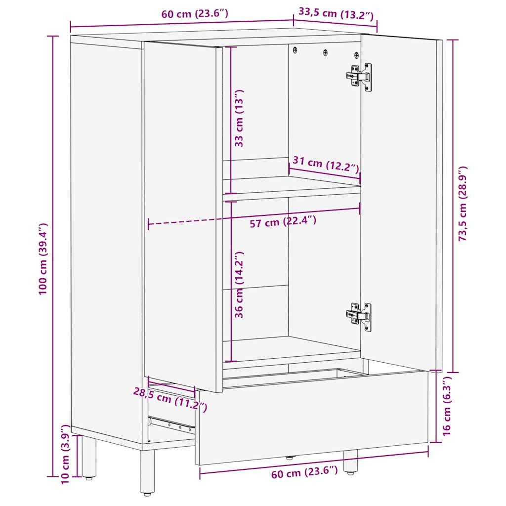 Hoge kast 60x33,5x100 cm massief ruw mangohout