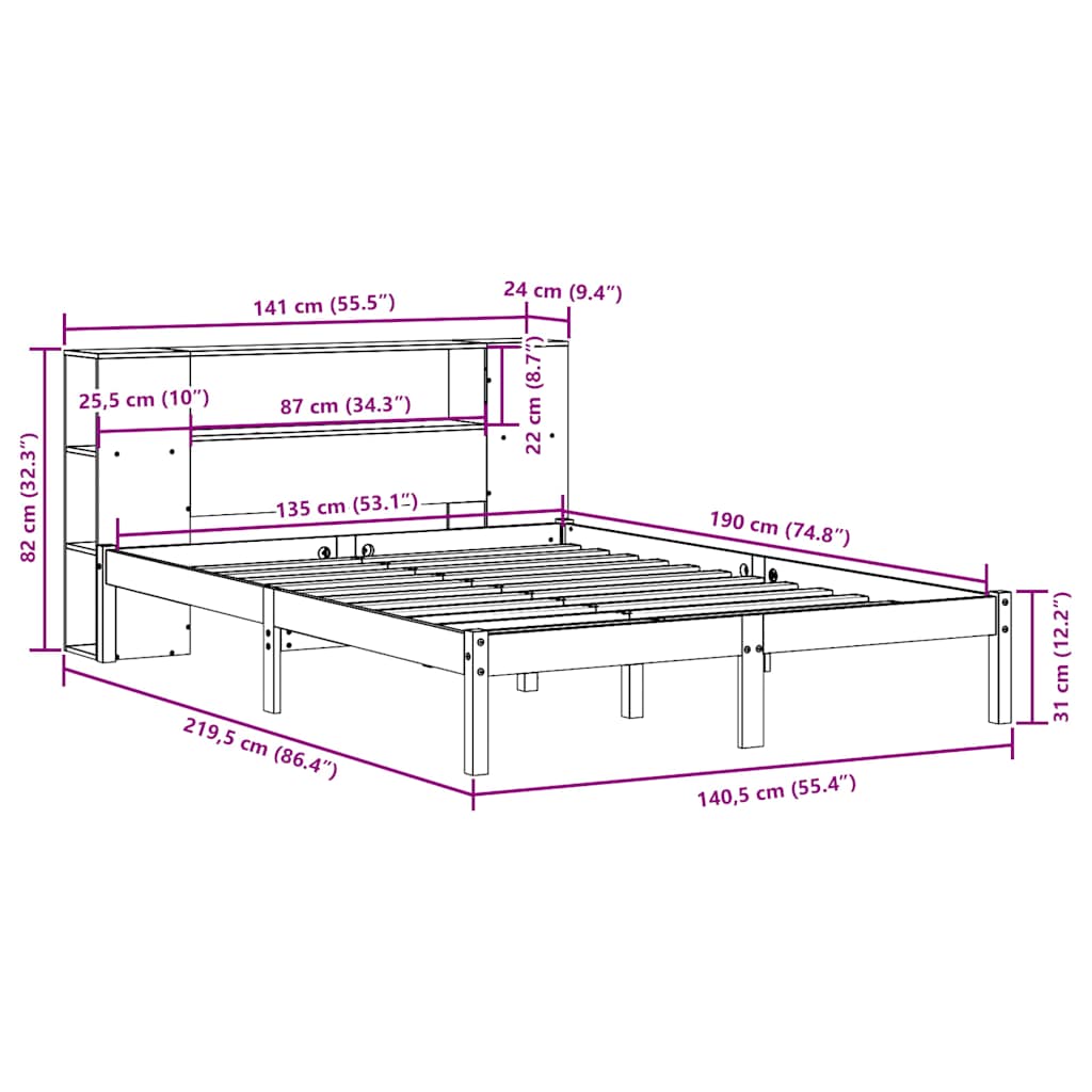 Bed met boekenkast zonder matras grenenhout wit 135x190 cm