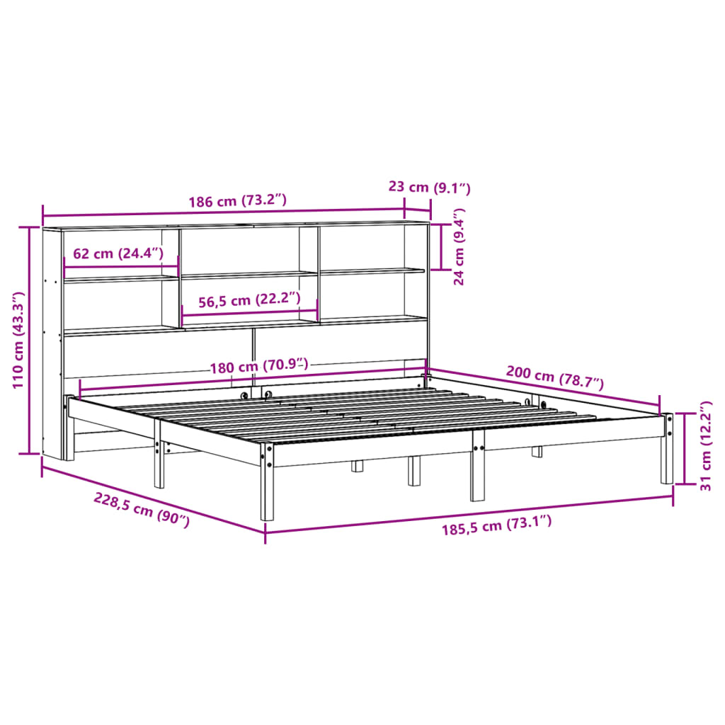 Bed met boekenkast zonder matras grenenhout wit 180x200 cm